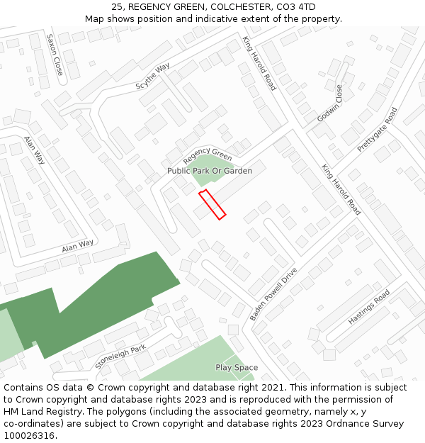 25, REGENCY GREEN, COLCHESTER, CO3 4TD: Location map and indicative extent of plot