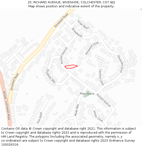 25, RICHARD AVENUE, WIVENHOE, COLCHESTER, CO7 9JQ: Location map and indicative extent of plot