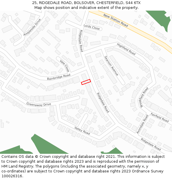 25, RIDGEDALE ROAD, BOLSOVER, CHESTERFIELD, S44 6TX: Location map and indicative extent of plot