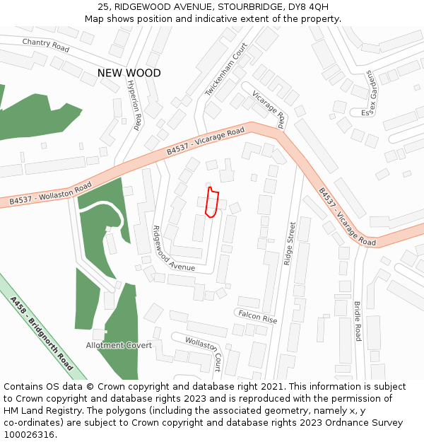 25, RIDGEWOOD AVENUE, STOURBRIDGE, DY8 4QH: Location map and indicative extent of plot