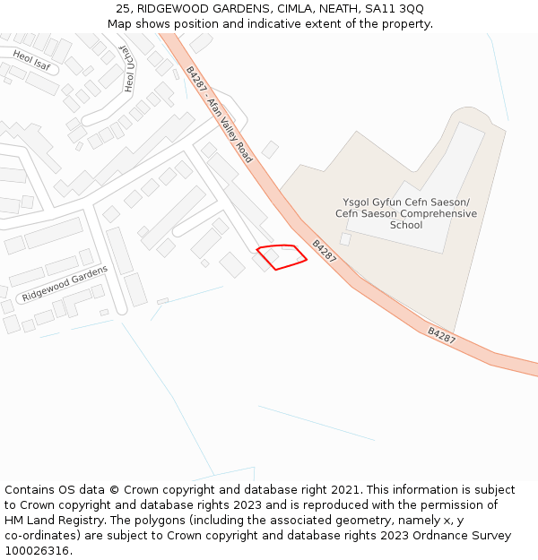 25, RIDGEWOOD GARDENS, CIMLA, NEATH, SA11 3QQ: Location map and indicative extent of plot