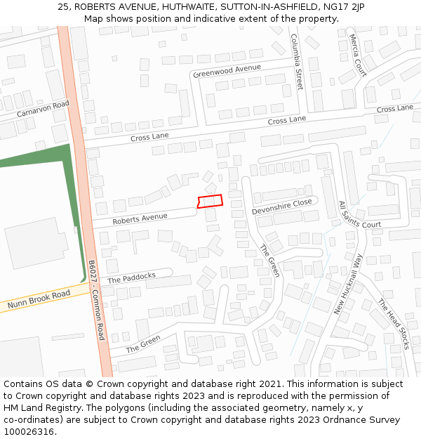 25, ROBERTS AVENUE, HUTHWAITE, SUTTON-IN-ASHFIELD, NG17 2JP: Location map and indicative extent of plot