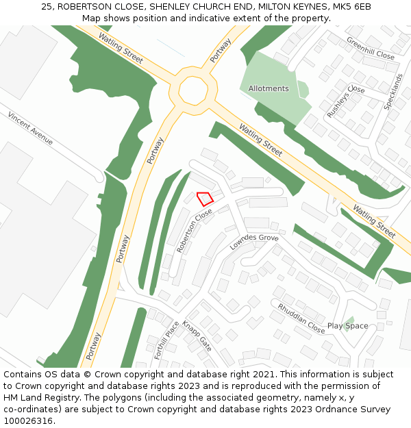 25, ROBERTSON CLOSE, SHENLEY CHURCH END, MILTON KEYNES, MK5 6EB: Location map and indicative extent of plot