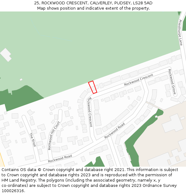 25, ROCKWOOD CRESCENT, CALVERLEY, PUDSEY, LS28 5AD: Location map and indicative extent of plot