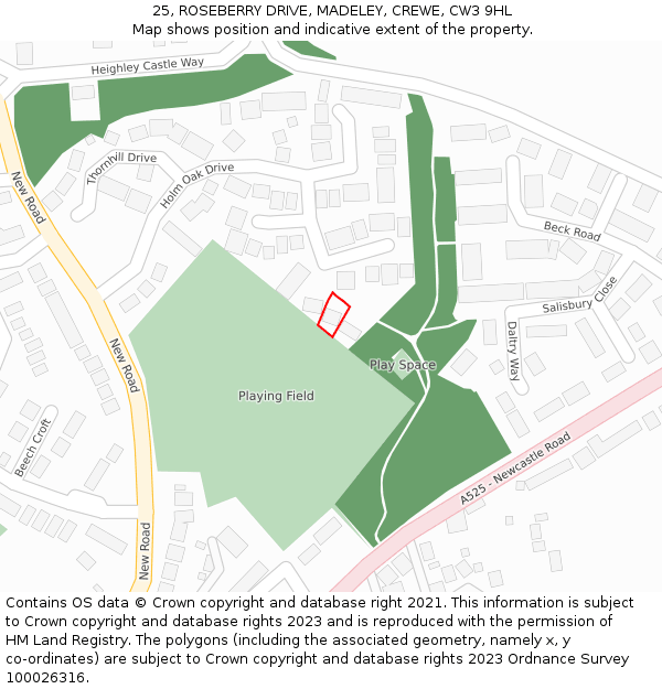 25, ROSEBERRY DRIVE, MADELEY, CREWE, CW3 9HL: Location map and indicative extent of plot