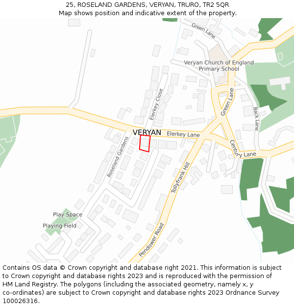 25, ROSELAND GARDENS, VERYAN, TRURO, TR2 5QR: Location map and indicative extent of plot