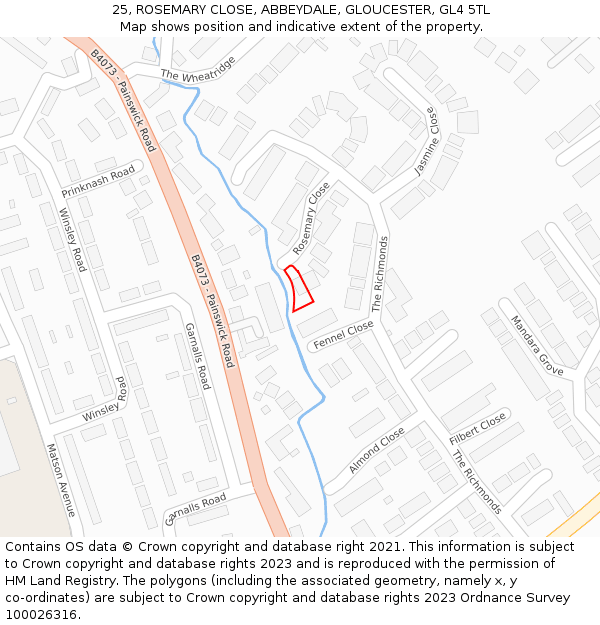 25, ROSEMARY CLOSE, ABBEYDALE, GLOUCESTER, GL4 5TL: Location map and indicative extent of plot
