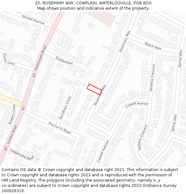 25, ROSEMARY WAY, COWPLAIN, WATERLOOVILLE, PO8 9DG: Location map and indicative extent of plot