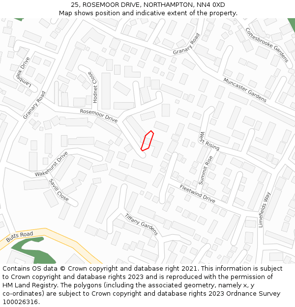 25, ROSEMOOR DRIVE, NORTHAMPTON, NN4 0XD: Location map and indicative extent of plot