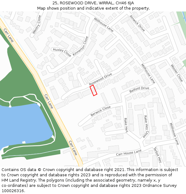 25, ROSEWOOD DRIVE, WIRRAL, CH46 6JA: Location map and indicative extent of plot