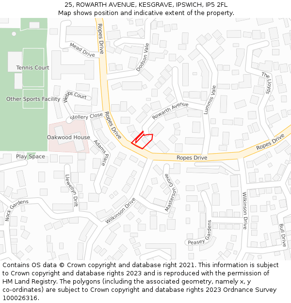 25, ROWARTH AVENUE, KESGRAVE, IPSWICH, IP5 2FL: Location map and indicative extent of plot