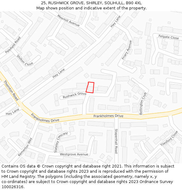 25, RUSHWICK GROVE, SHIRLEY, SOLIHULL, B90 4XL: Location map and indicative extent of plot