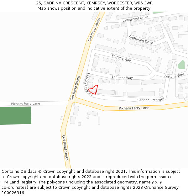 25, SABRINA CRESCENT, KEMPSEY, WORCESTER, WR5 3WR: Location map and indicative extent of plot