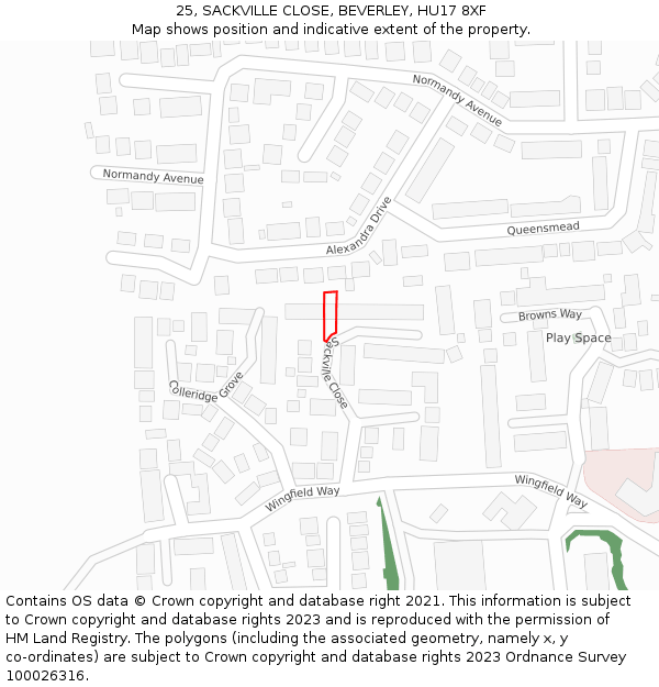 25, SACKVILLE CLOSE, BEVERLEY, HU17 8XF: Location map and indicative extent of plot