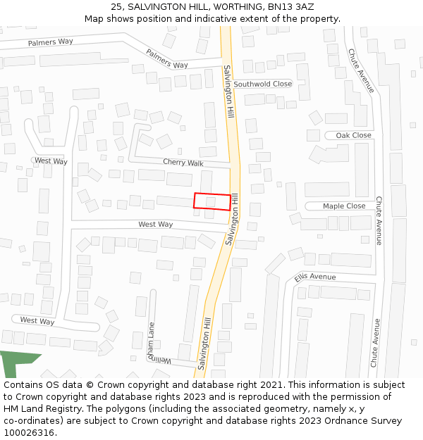 25, SALVINGTON HILL, WORTHING, BN13 3AZ: Location map and indicative extent of plot