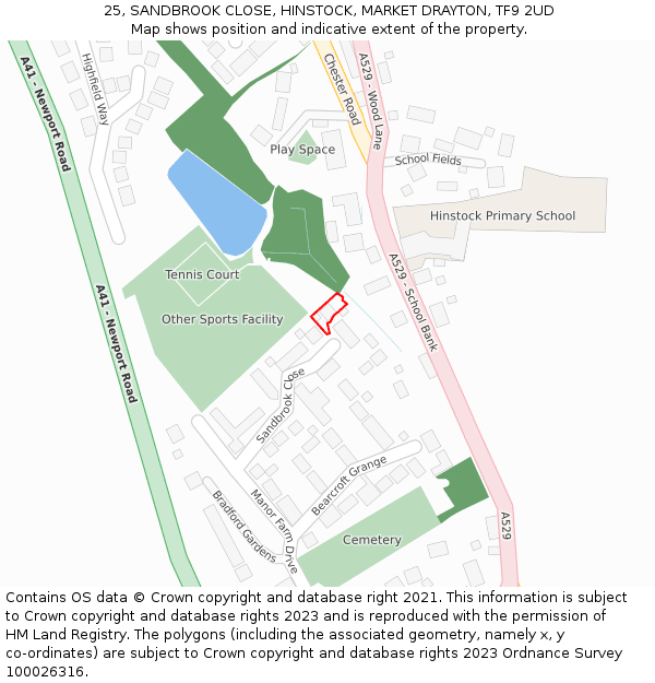 25, SANDBROOK CLOSE, HINSTOCK, MARKET DRAYTON, TF9 2UD: Location map and indicative extent of plot