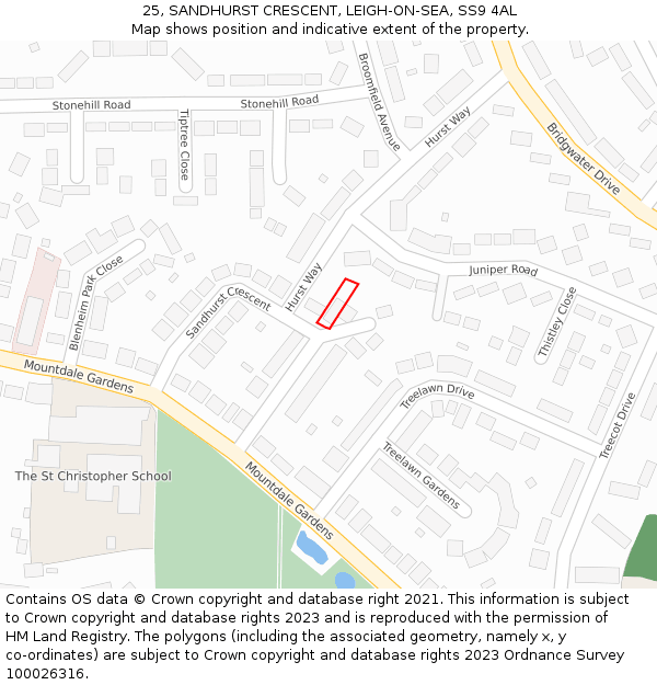 25, SANDHURST CRESCENT, LEIGH-ON-SEA, SS9 4AL: Location map and indicative extent of plot