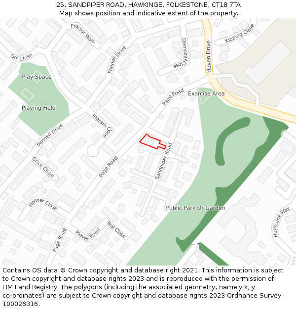 25, SANDPIPER ROAD, HAWKINGE, FOLKESTONE, CT18 7TA: Location map and indicative extent of plot