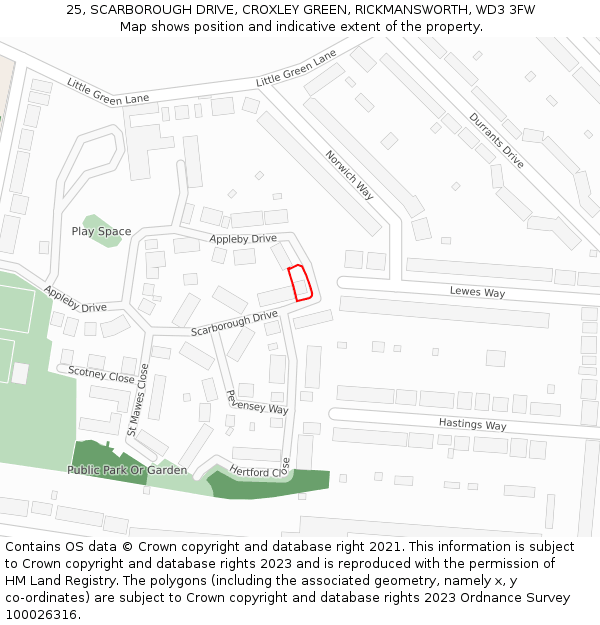 25, SCARBOROUGH DRIVE, CROXLEY GREEN, RICKMANSWORTH, WD3 3FW: Location map and indicative extent of plot