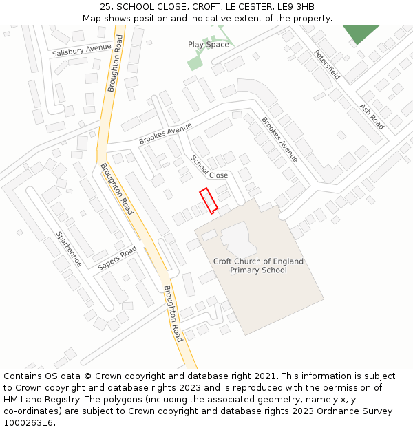 25, SCHOOL CLOSE, CROFT, LEICESTER, LE9 3HB: Location map and indicative extent of plot