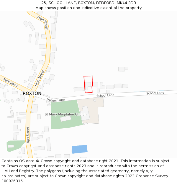 25, SCHOOL LANE, ROXTON, BEDFORD, MK44 3DR: Location map and indicative extent of plot