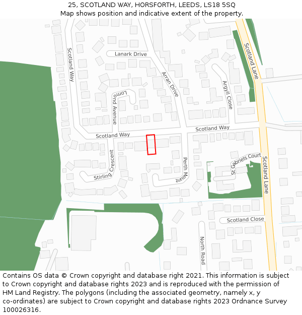 25, SCOTLAND WAY, HORSFORTH, LEEDS, LS18 5SQ: Location map and indicative extent of plot