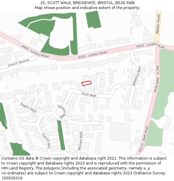 25, SCOTT WALK, BRIDGEYATE, BRISTOL, BS30 5WB: Location map and indicative extent of plot