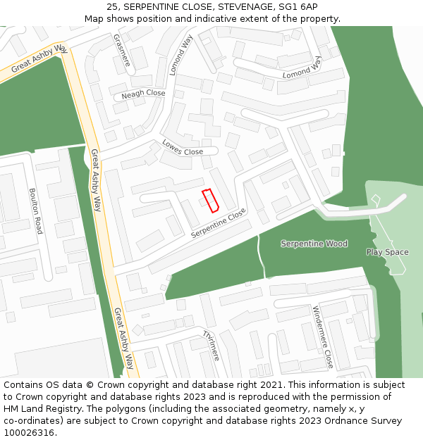 25, SERPENTINE CLOSE, STEVENAGE, SG1 6AP: Location map and indicative extent of plot