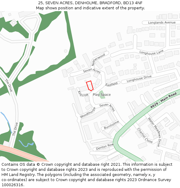 25, SEVEN ACRES, DENHOLME, BRADFORD, BD13 4NF: Location map and indicative extent of plot