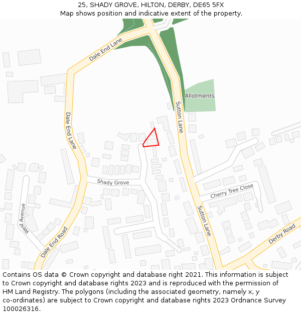 25, SHADY GROVE, HILTON, DERBY, DE65 5FX: Location map and indicative extent of plot