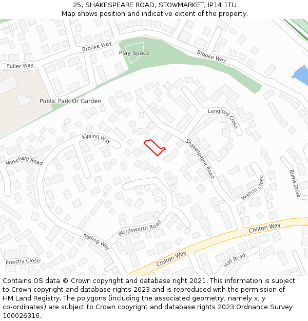 25, SHAKESPEARE ROAD, STOWMARKET, IP14 1TU: Location map and indicative extent of plot