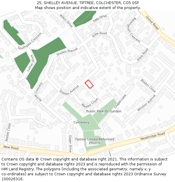25, SHELLEY AVENUE, TIPTREE, COLCHESTER, CO5 0SF: Location map and indicative extent of plot