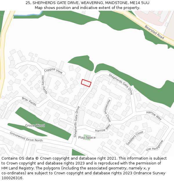 25, SHEPHERDS GATE DRIVE, WEAVERING, MAIDSTONE, ME14 5UU: Location map and indicative extent of plot