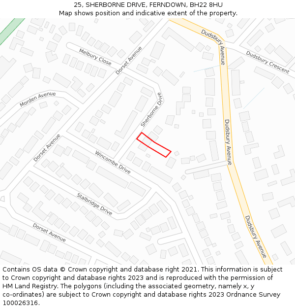 25, SHERBORNE DRIVE, FERNDOWN, BH22 8HU: Location map and indicative extent of plot