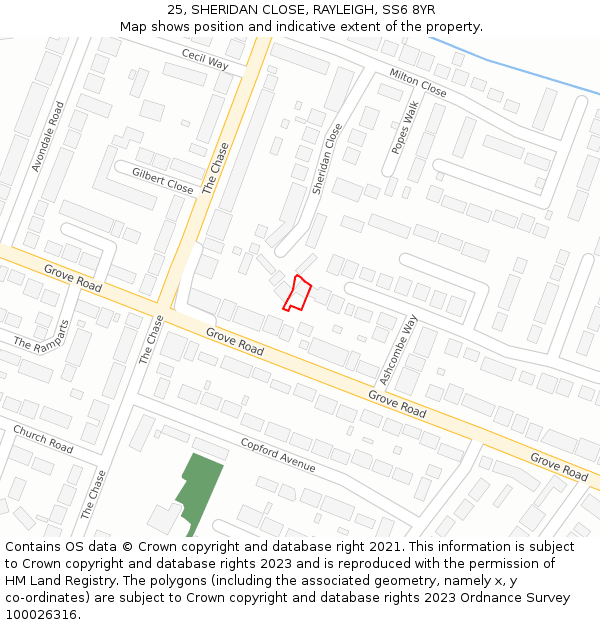 25, SHERIDAN CLOSE, RAYLEIGH, SS6 8YR: Location map and indicative extent of plot