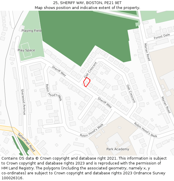 25, SHERIFF WAY, BOSTON, PE21 9ET: Location map and indicative extent of plot