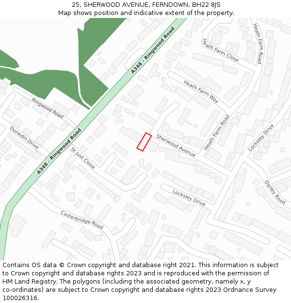 25, SHERWOOD AVENUE, FERNDOWN, BH22 8JS: Location map and indicative extent of plot