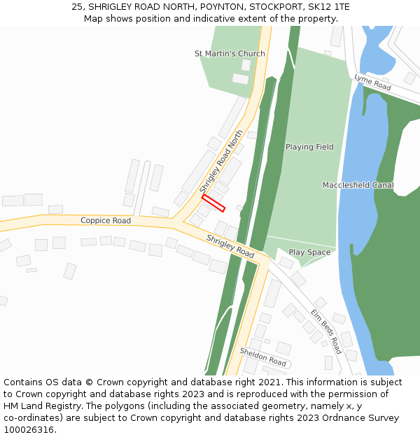 25, SHRIGLEY ROAD NORTH, POYNTON, STOCKPORT, SK12 1TE: Location map and indicative extent of plot