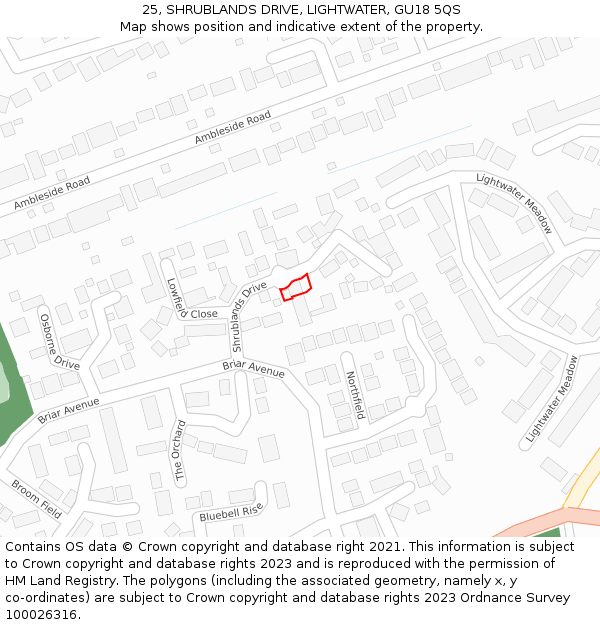 25, SHRUBLANDS DRIVE, LIGHTWATER, GU18 5QS: Location map and indicative extent of plot