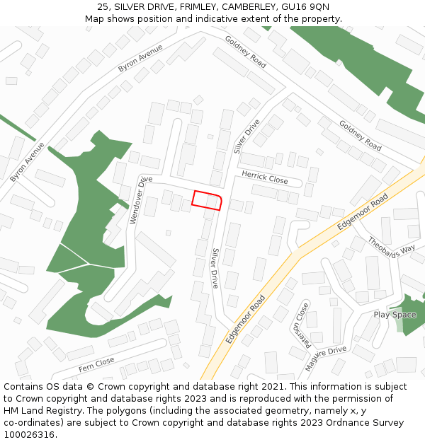 25, SILVER DRIVE, FRIMLEY, CAMBERLEY, GU16 9QN: Location map and indicative extent of plot