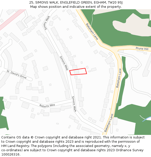 25, SIMONS WALK, ENGLEFIELD GREEN, EGHAM, TW20 9SJ: Location map and indicative extent of plot
