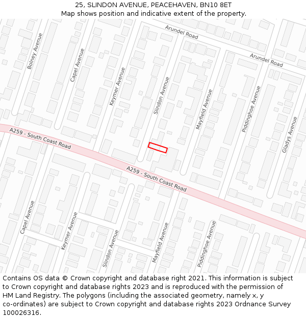 25, SLINDON AVENUE, PEACEHAVEN, BN10 8ET: Location map and indicative extent of plot