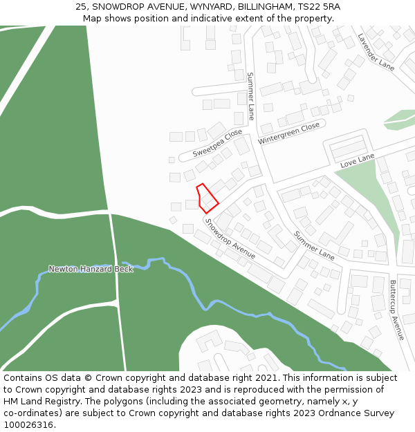 25, SNOWDROP AVENUE, WYNYARD, BILLINGHAM, TS22 5RA: Location map and indicative extent of plot