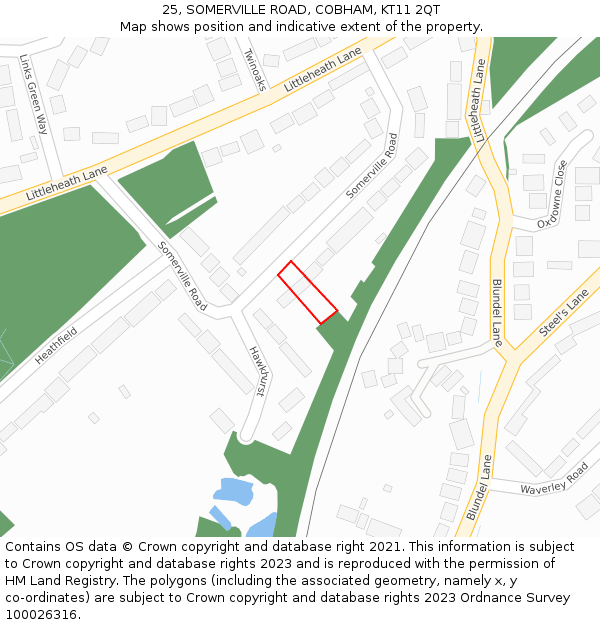 25, SOMERVILLE ROAD, COBHAM, KT11 2QT: Location map and indicative extent of plot