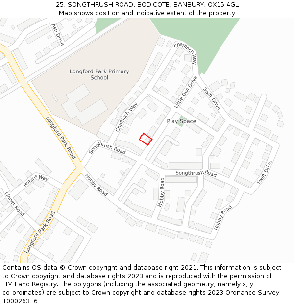 25, SONGTHRUSH ROAD, BODICOTE, BANBURY, OX15 4GL: Location map and indicative extent of plot