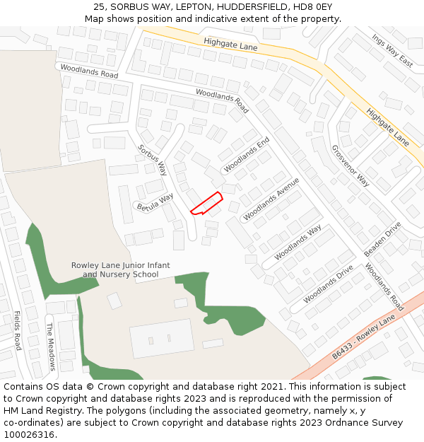 25, SORBUS WAY, LEPTON, HUDDERSFIELD, HD8 0EY: Location map and indicative extent of plot