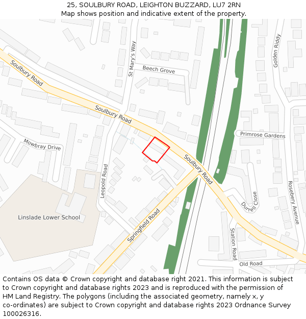 25, SOULBURY ROAD, LEIGHTON BUZZARD, LU7 2RN: Location map and indicative extent of plot