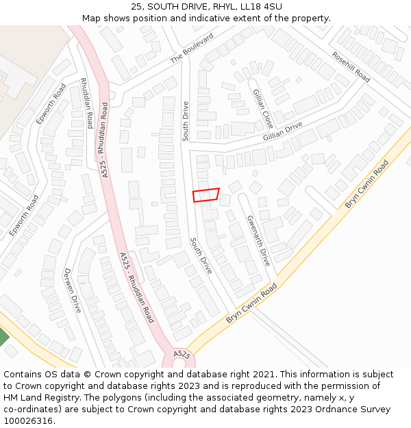 25, SOUTH DRIVE, RHYL, LL18 4SU: Location map and indicative extent of plot