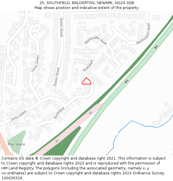 25, SOUTHFIELD, BALDERTON, NEWARK, NG24 3QB: Location map and indicative extent of plot