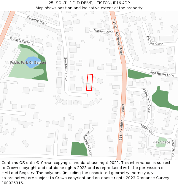 25, SOUTHFIELD DRIVE, LEISTON, IP16 4DP: Location map and indicative extent of plot